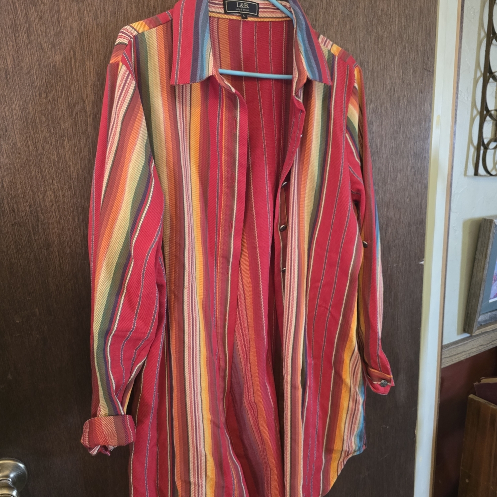 L&B Red Multicolor Striped Button-Front Blouse